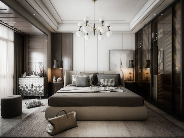 Modern Style Bedroom Digitally generated modern style master bedroom interior design.

The scene was rendered with photorealistic shaders and lighting in Autodesk® 3ds Max 2020 with V-Ray 5 with some post-production added. chandelier photos stock pictures, royalty-free photos & images
