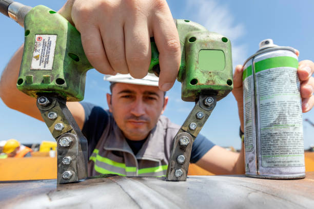 A technician tests a pipeline weld for defects using magnetic particle test instrument. It is a non-destructive testing (NDT) process for detecting surface and shallow subsurface discontinuities. A technician tests a pipeline weld for defects using magnetic particle test instrument. It is a non-destructive testing (NDT) process for detecting surface and shallow subsurface discontinuities. magnetic-particle stock pictures, royalty-free photos & images