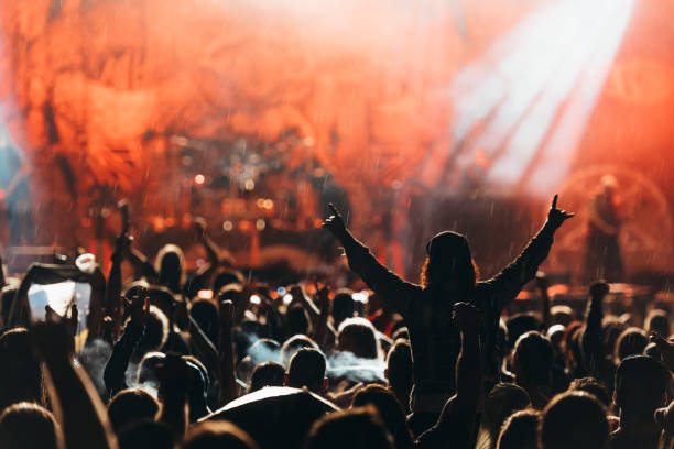 Metal fans enjoying concert Metal fan enjoying concert with hand in the air showing horns heavy metal stock pictures, royalty-free photos & images