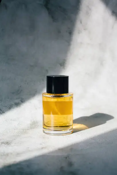 Male fragrance or scented cologne in contrast light. Perfumery concept with copy space
