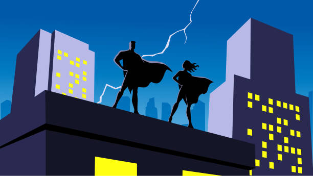 ilustraciones, imágenes clip art, dibujos animados e iconos de stock de silueta de pareja de superhéroes vectoriales en una ilustración de stock de la ciudad - city night spooky skyline