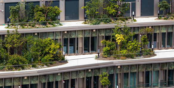 Aerial close up of shrubs and trees, set on terraces of a building in London