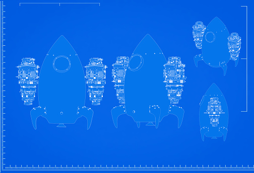 3d rendering space shuttle blueprint with scale on blue background
