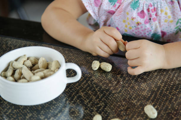 istock Toddler girl eating peanuts in shell on the kitchen table 1258339036