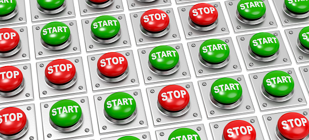 Wall of Many Start Green Button and Stop Red Button on White Background 3D Illustration