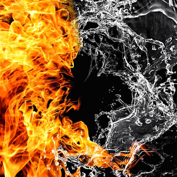 istock 3D illustration with flame and water swirling 1258352747