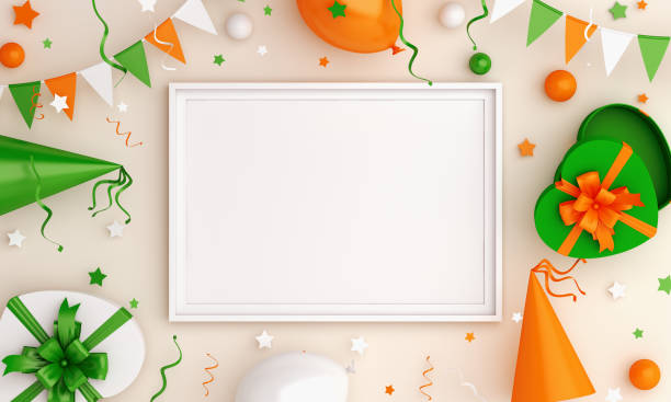 istock Happy Independence Day of India decoration background, Bunting flags, empty frame mockup, heart gift box confetti on white, copy space text, greeting card, banner, template, ribbon, 3D rendering. 1258368877