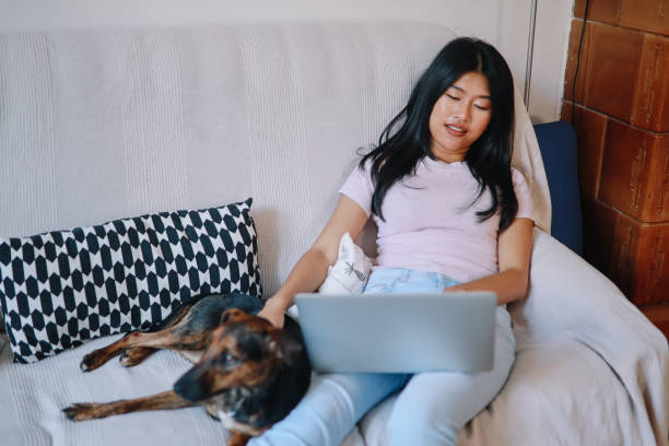 istock Young woman working from home with her pet dog 1258407208