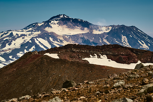 A close view of the old crater of the Gorely volcano and the Mutnovsky volcano from the top of the Gorely volcano