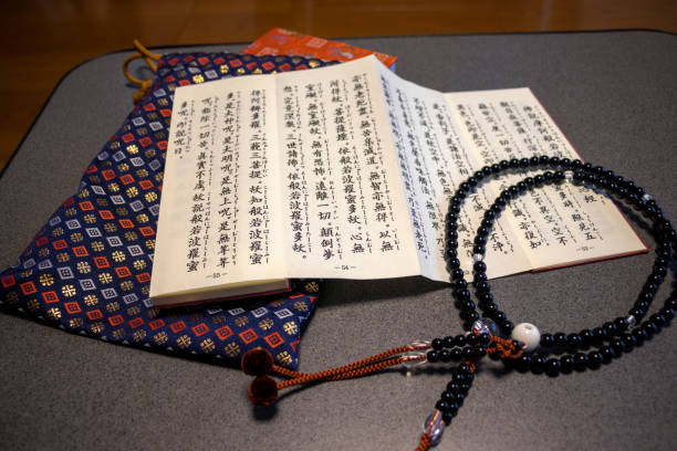 istock Rosary and sutra book for Japanese Buddhist temples on the table 1258462675