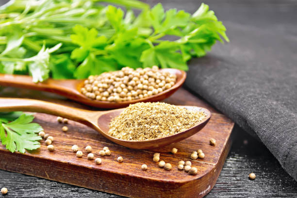 istock Coriander ground and seeds in two spoons on black board 1258519452