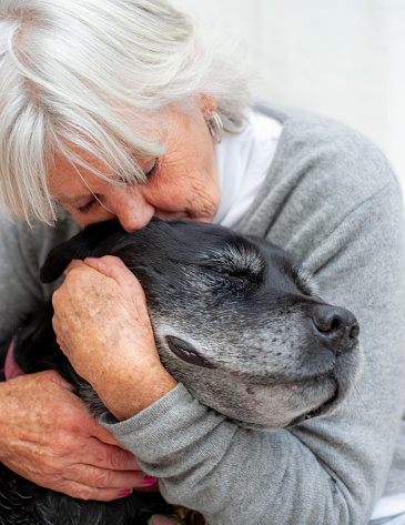 Elderly woman hugs her very old dog.