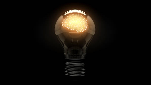 Brain as an electronic circuit. Glowing brain symbol in a light bulb on a black background. 3D. 3D rendering.