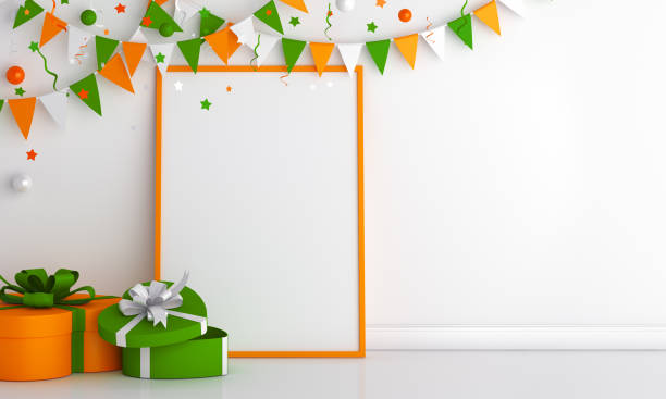 Happy Independence Day of India decoration background, Bunting flags, empty frame mockup, heart gift box confetti on white, copy space text, greeting card, banner, template, ribbon, 3D rendering.