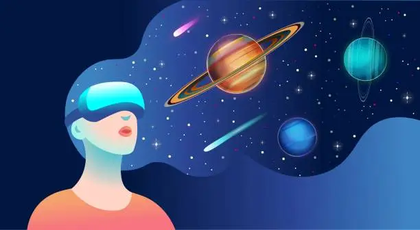 Vector illustration of Woman wearing virtual reality goggles and seeing the cosmic landscape. Vector illustration
