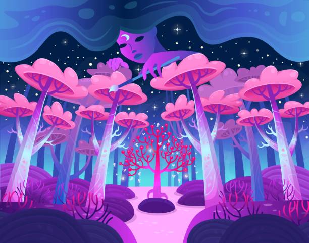 istock A gaming background, nature landscape. Night forest with magical trees and a lake. Portrait of a magic girl. She is painting, her hair is clouds. Cartoon style vector. 1258555387