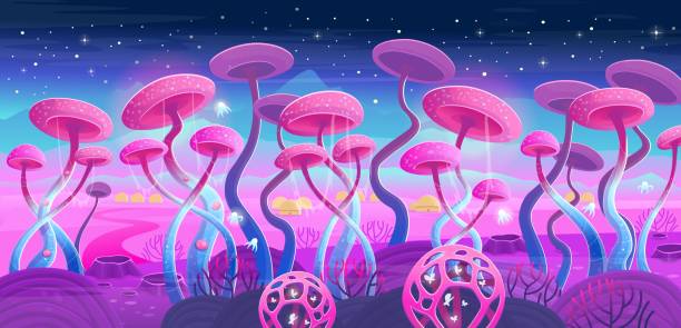 istock Fantasy landscape with magical plants and mushrooms. Illustration of space.  Background for games and mobile applications. 1258555388