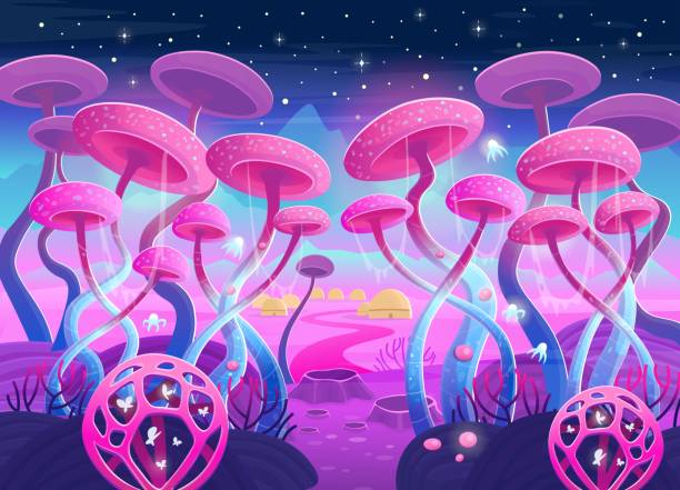 istock Fantasy landscape with magical plants and mushrooms. Illustration of space.  Background for games and mobile applications. 1258555389