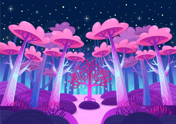 istock A gaming background, nature landscape. Night forest with magical trees and a lake. Cartoon style vector 1258555391