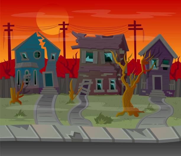 Background For Gamescartoon Street With Abandoned Housesvector Illustration  Stock Illustration - Download Image Now - iStock