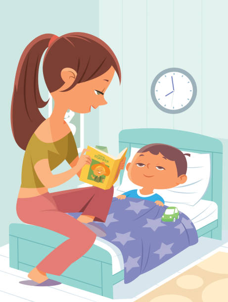 illustrazioni stock, clip art, cartoni animati e icone di tendenza di mamma che legge la storia della buonanotta al figlio piccolo - child book reading offspring