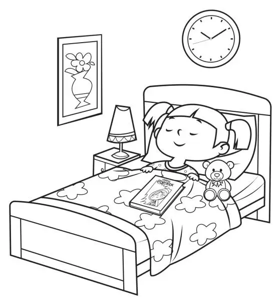 Vector illustration of Black And White, Girl sleeping in bed