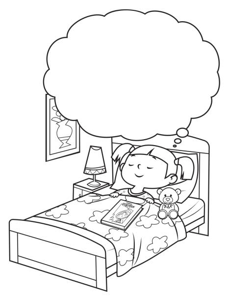 ilustrações de stock, clip art, desenhos animados e ícones de black and white, little girl dreaming in her sleep - family cartoon child little girls