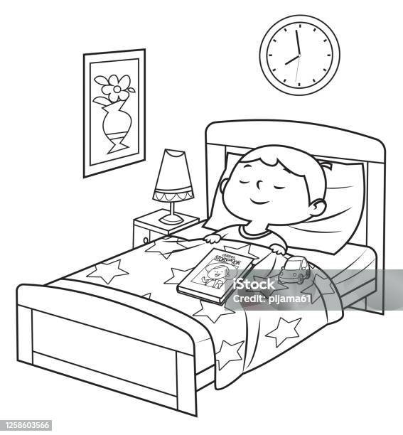 Black And White Boy Sleeping In Bed Stock Illustration - Download Image Now  - Sleeping, Coloring, Drawing - Activity - iStock