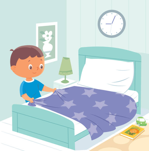 illustrations, cliparts, dessins animés et icônes de lit de fabrication d’enfant - domestic room child cartoon little boys