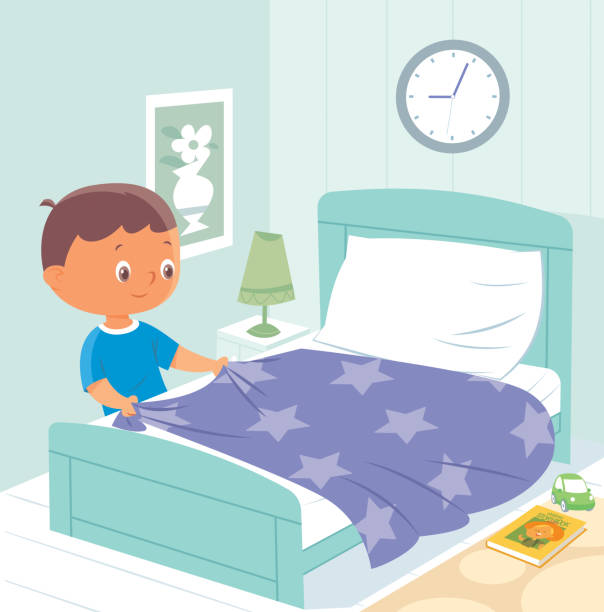 ilustrações de stock, clip art, desenhos animados e ícones de child making bed - bed bedroom cartoon furniture