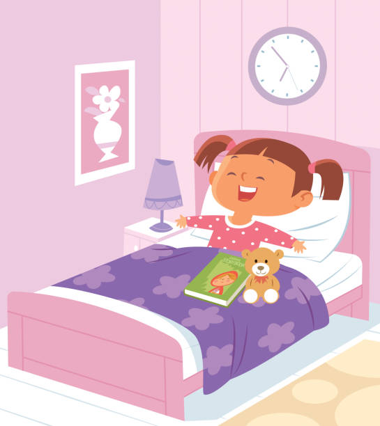 ilustrações, clipart, desenhos animados e ícones de menina acordando de manhã - sleeping child cartoon bed