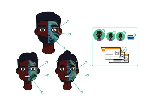 Vector illustration of Black American family using facial recognition and 5G to validate multiple entry tickets.