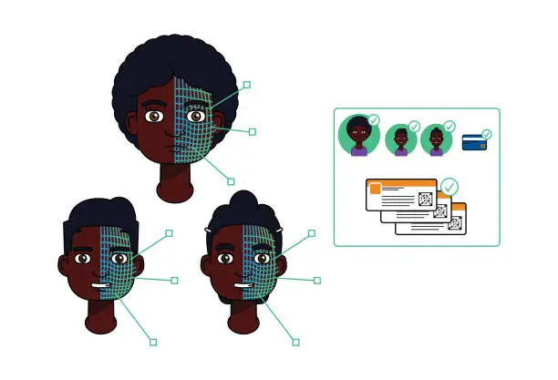 Vector illustration of Black American family using facial recognition and 5G to validate multiple entry tickets.