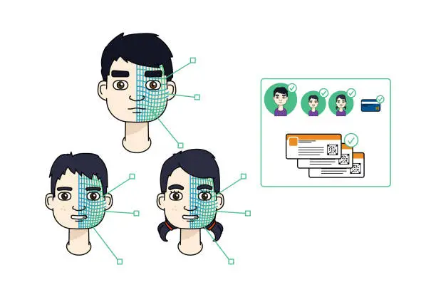 Vector illustration of Asian family using facial recognition and 5G to validate multiple entry tickets.