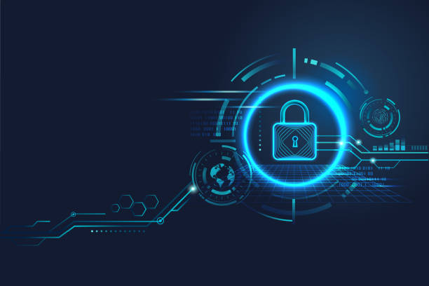 개인 개인 정보 보호, 데이터 보호 및 사이버 보안을 위한 데이터 보안 개념 설계. 파란색 배경에 키홀 아이콘이 있는 자물쇠. - 보안 stock illustrations