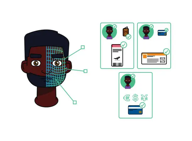 Vector illustration of Single black American man using facial recognition and 5G to validate an identity, pay or check-in.