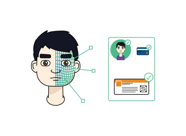 Vector illustration of Single asian man using facial recognition and 5G to validate an entry ticket.