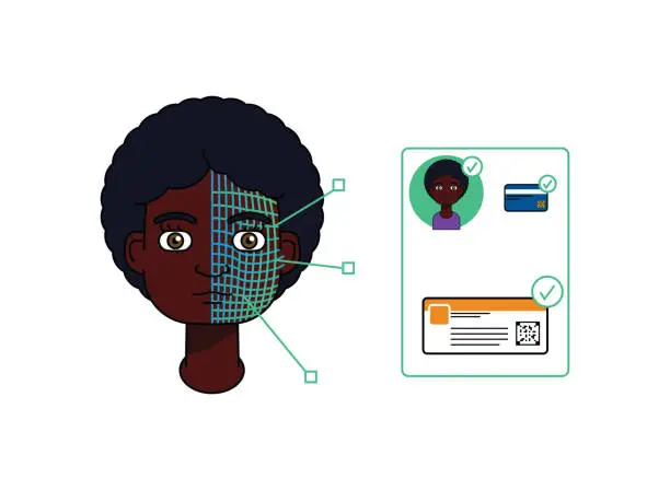 Vector illustration of Single black American woman using facial recognition and 5G to validate an entry ticket.