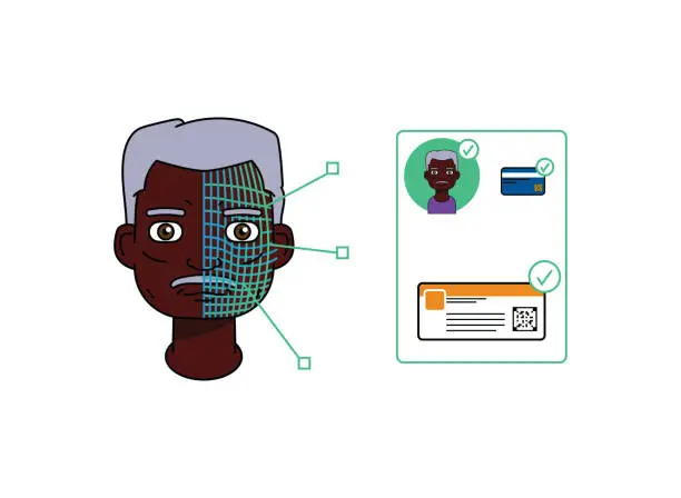 Vector illustration of Single black American elder man using facial recognition and 5G to validate an entry ticket.