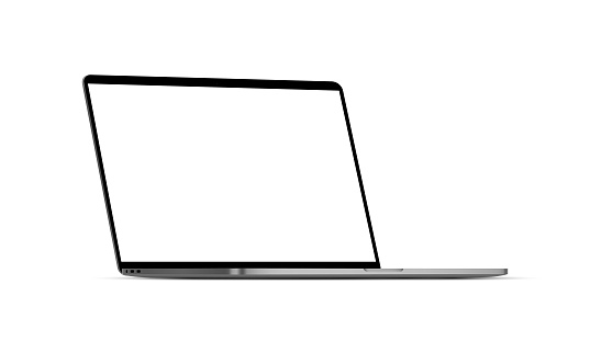Modern laptop mockup with blank screen isolated on white background, perspective side view. Vector illustration
