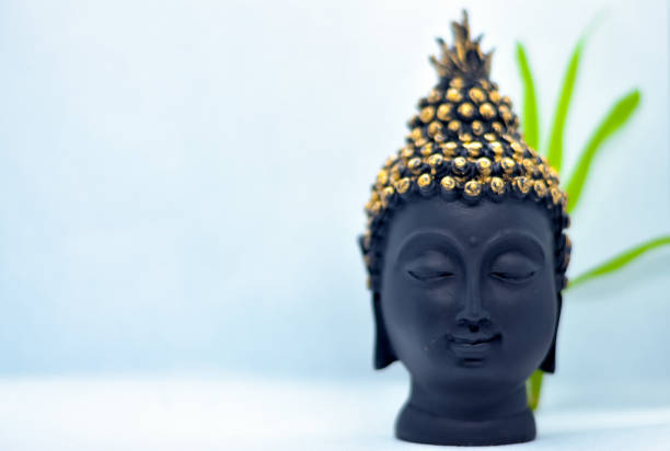 This close-up image captures the peaceful profile of a Buddha statue, showcasing its intricate craftsmanship and serene expression. The blurred background features green foliage and architectural elements, enhancing the spiritual and tranquil mood of the scene. The statue's worn texture emphasizes its historical and cultural significance, making this image a perfect representation of mindfulness, spirituality, and heritage.