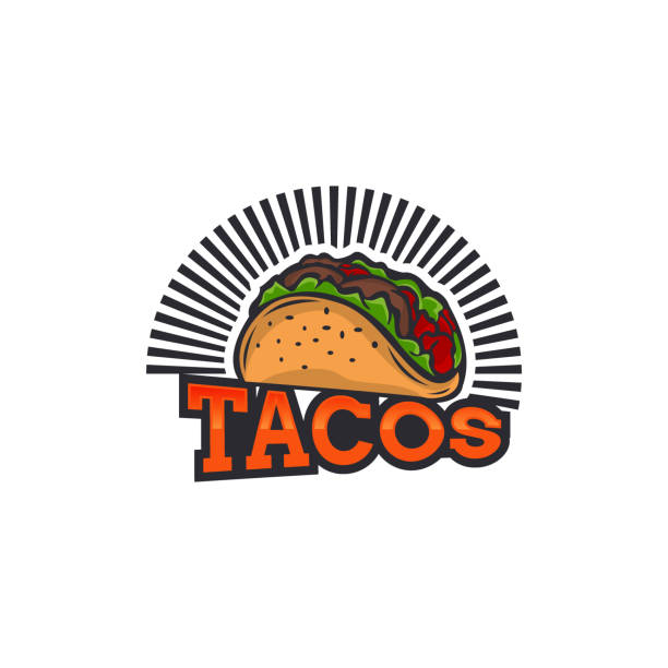 Stylized hot, freshly made Mexican tacos logo template, vector illustration isolated on white background. Creative two-colored hot and spicy, Mexican taco logotype template, street food icon Tacos logo vector illustration. Hot dog sausage silhouette, good for restaurant menu and cafe badge. Vintage typography emblem design. tacos stock illustrations
