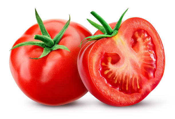 istock Tomatoes isolate on white background. Tomato half isolated. Tomatoes side view. Whole, cut, slice tomatoes. Clipping path. 1258677401