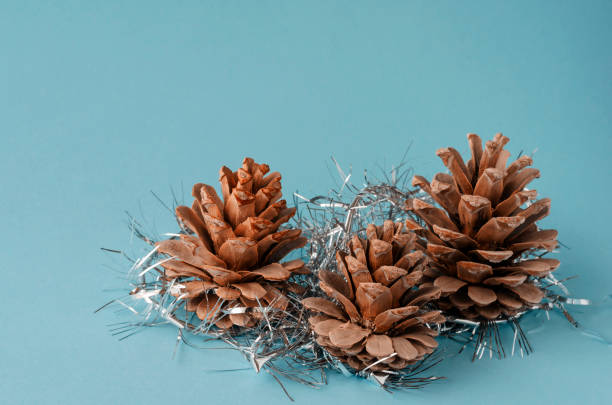 istock Three pine cones and Christmas tree tinsel on  light turquoise background. 1258680188