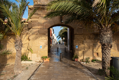Tabarca island, Spain - July 9, 2020: Main city wall door in the village of Tabarca island.