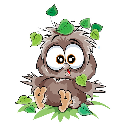 cute owlet sitting on the ground under a leaf from a tree, fell, cartoon illustration, isolated object on a white background, vector illustration, eps