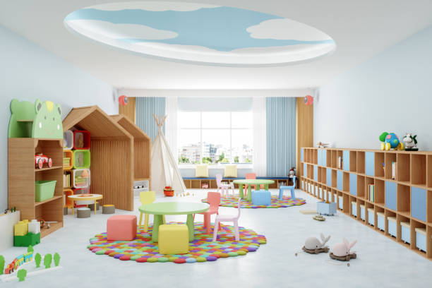 interior of a modern kindergarten classroom - creches imagens e fotografias de stock