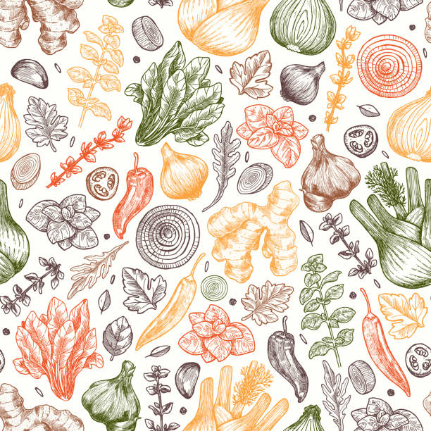ilustrações de stock, clip art, desenhos animados e ícones de herbs and spices seamless pattern. ginger, spinach, onion, pepper, garlic, fennel. packaging background. - ilustração