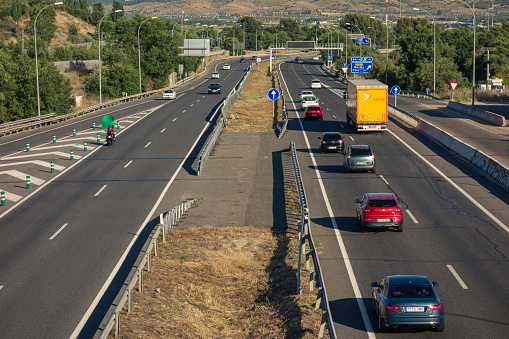 Madrid, Spain; 06/21/2020: Exit road from Madrid to Valencia during a summer departure operation with a multitude of vehicles