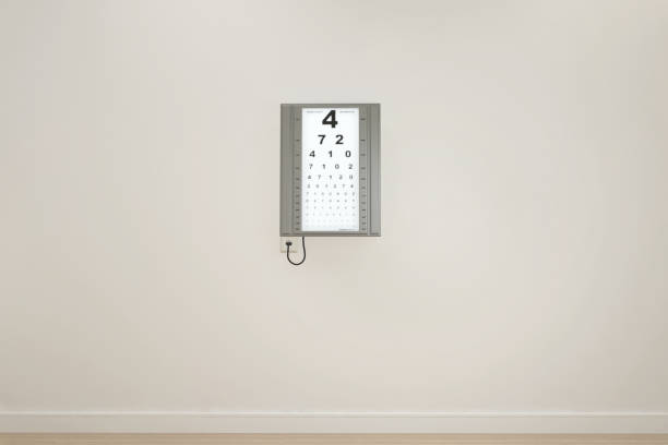 istock Snellen eye chart on the wall, Concept image for measuring visual acuity, Eye test chart for hospital, clinic or sight glasses shop, 3D illustration. 1258751112
